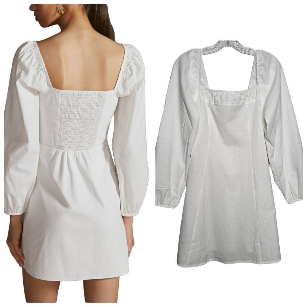 NEW Free People Square Neck Balloon Sleeves Cotton/Linen White Mini Dress Sz S